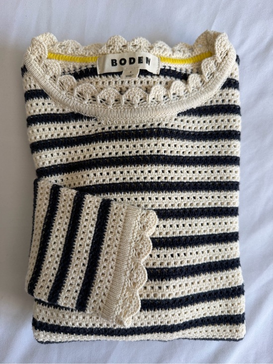Boden Sweaters - Boden 100% Cotton Scallop Neck Crochet Navy Cream Long Sleeve Knit Sweater